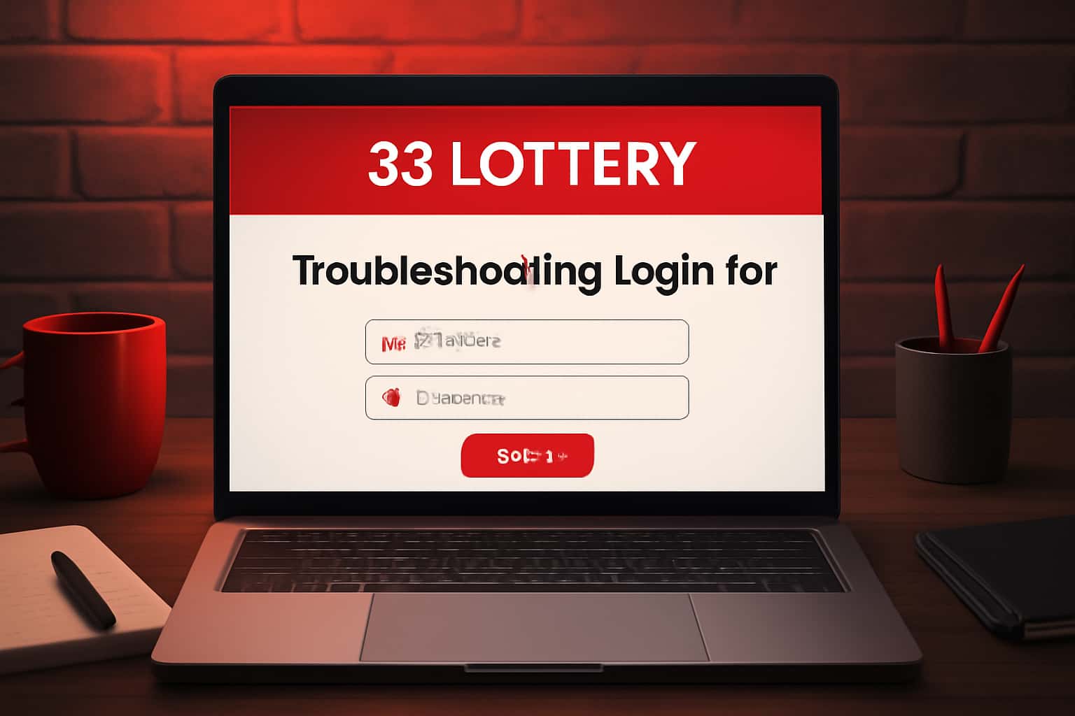 An informational scene depicting login troubleshooting for 33 Lottery.